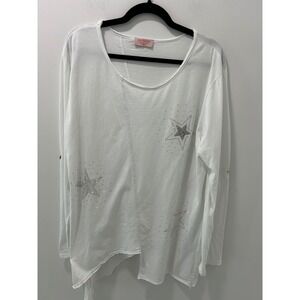 Marisima Italy White Cotton Star Rhinestone Asymmetrical Long Sleeve Top OS